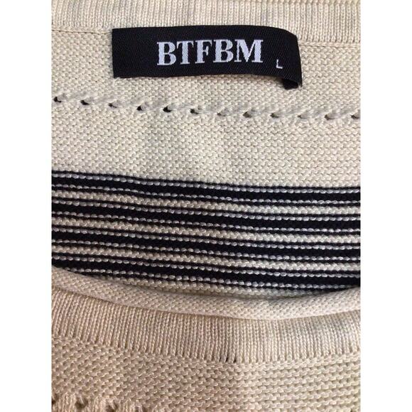 BTFBM Neutral Stripe Side Slit Midi Dress Knit Contemporary Coastal Boho Large - Picture 4 of 7